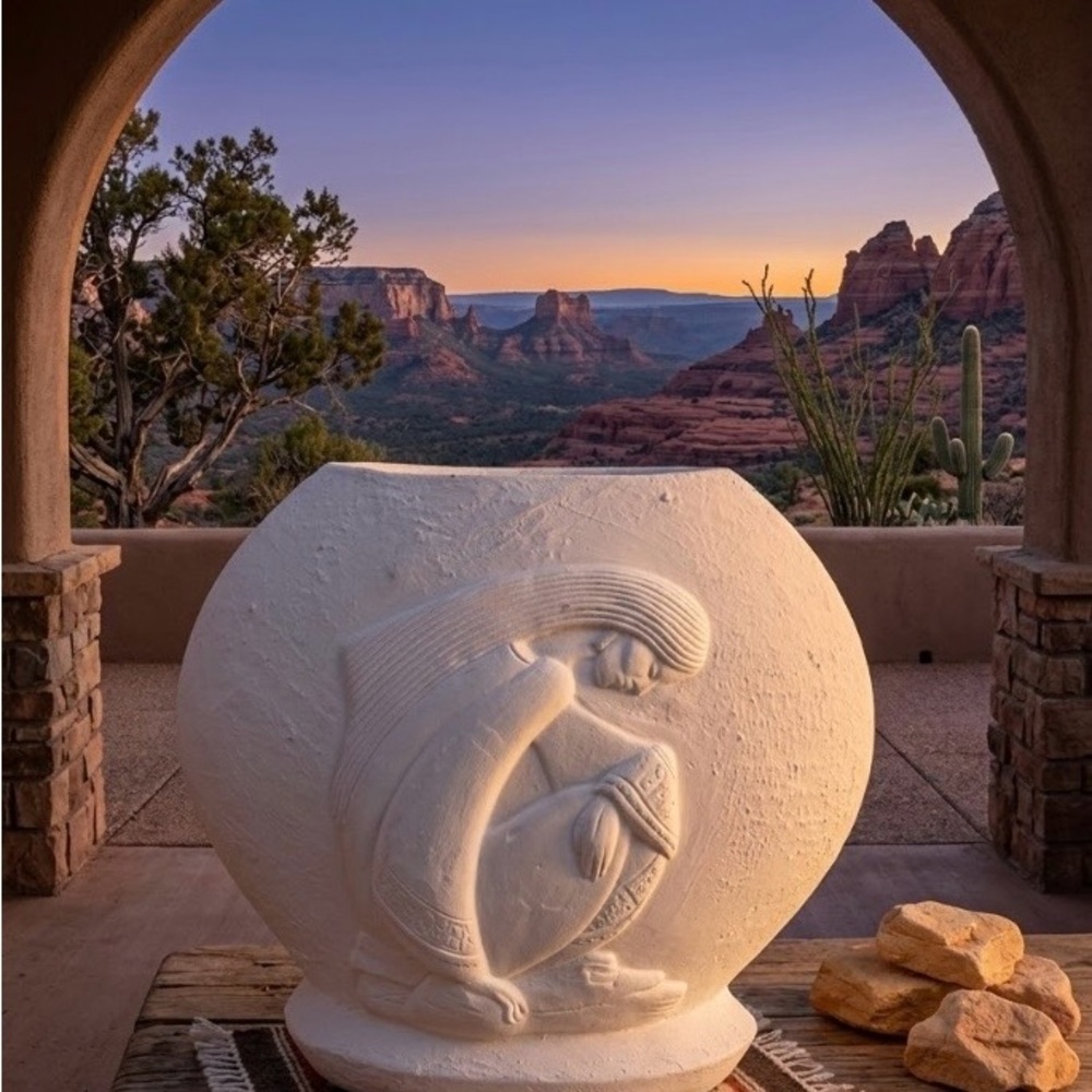 SOUTHWESTERN UNGLAZED ART PIECE OF WOMAN WRAPPED IN BLANKET. MADE IN MEXICO.